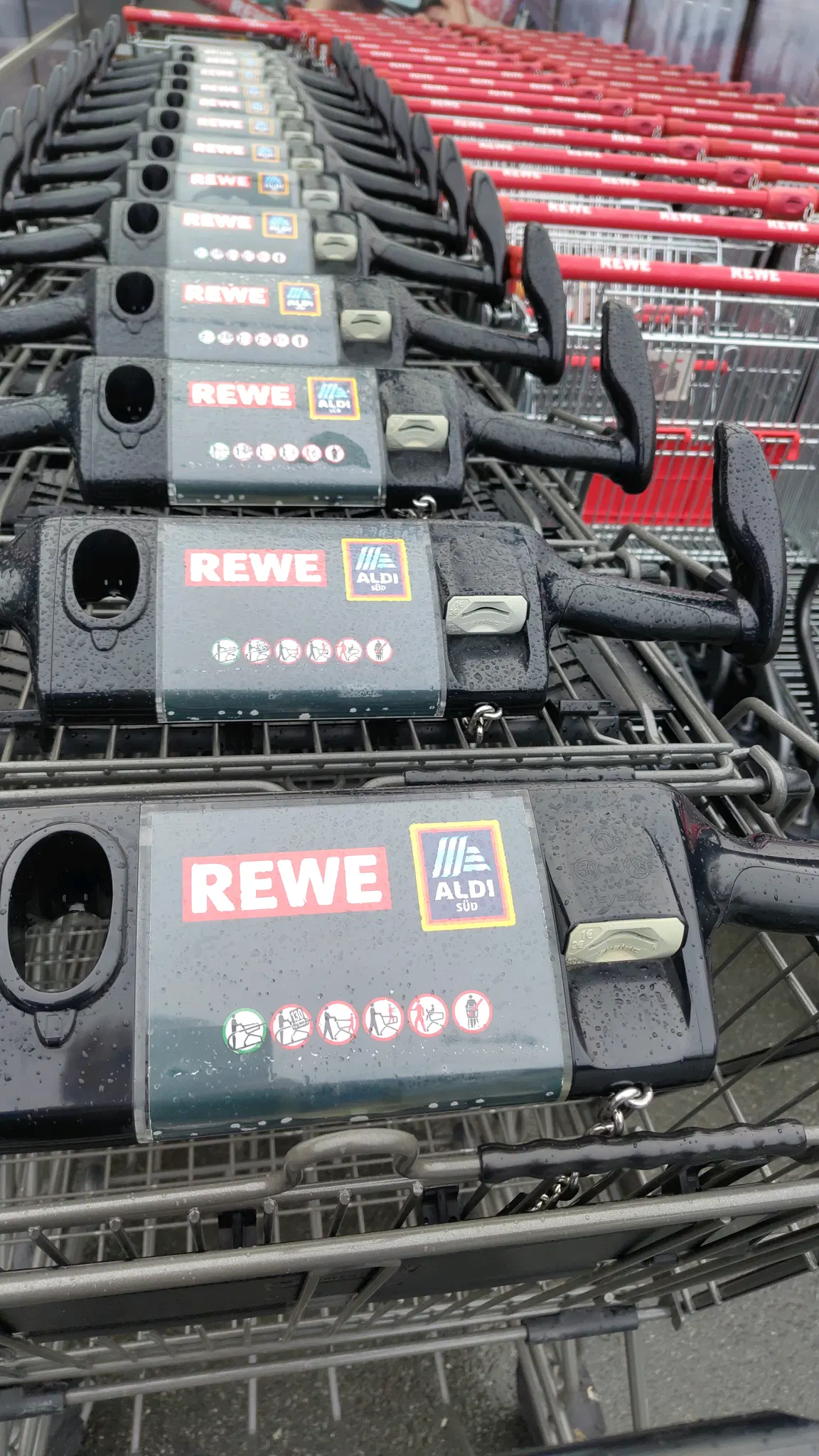 Row of shopping carts not chained together